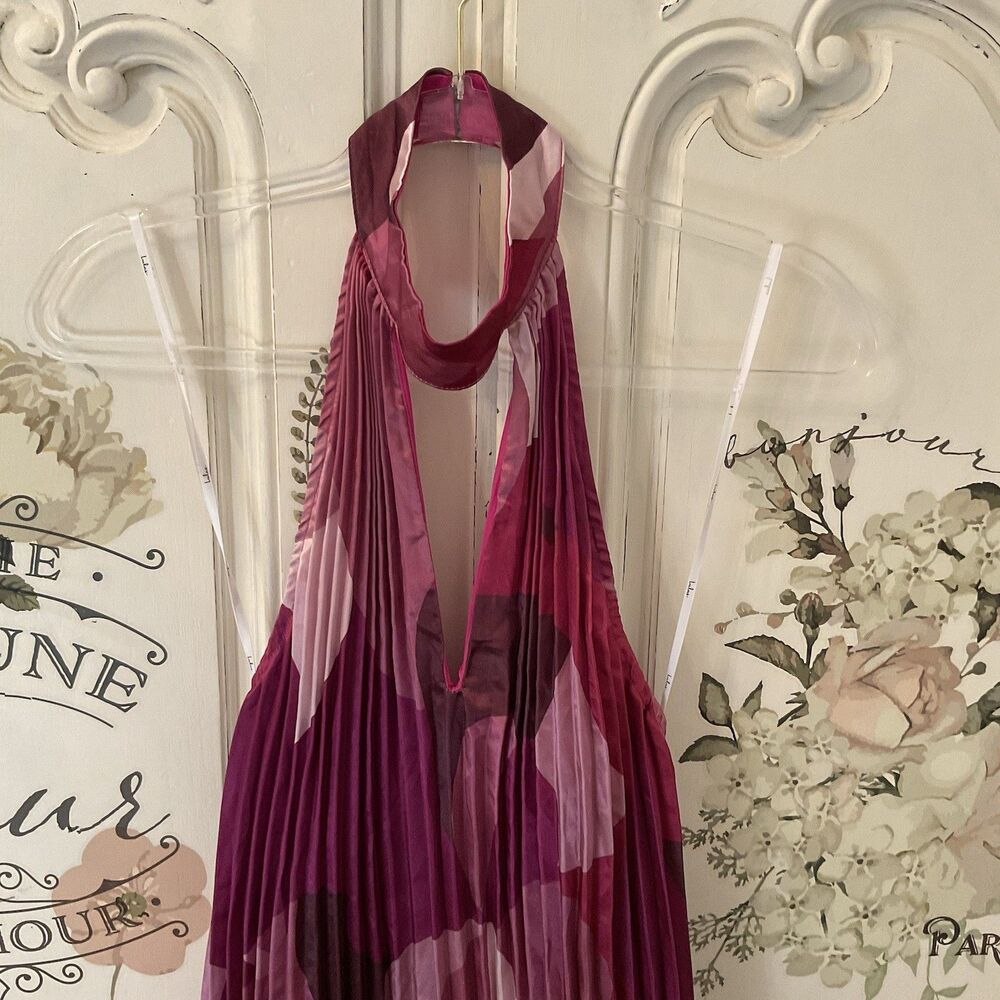 Lulus Prime Poise Dress Pink Maxi Multi Abstract Satin Halter Size M NWT - Picture 7 of 11